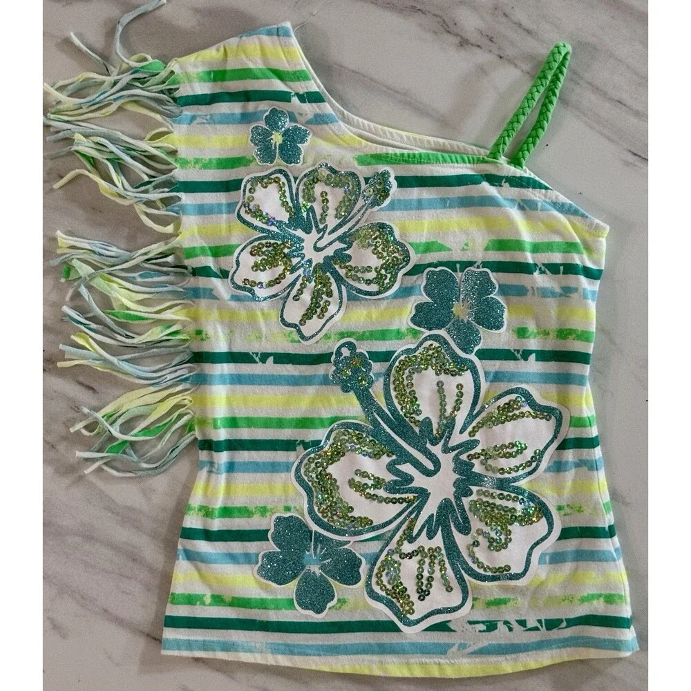 CuteJustice Girls One Strap Top Green Shelf Bra Stripes Fringes Size 7